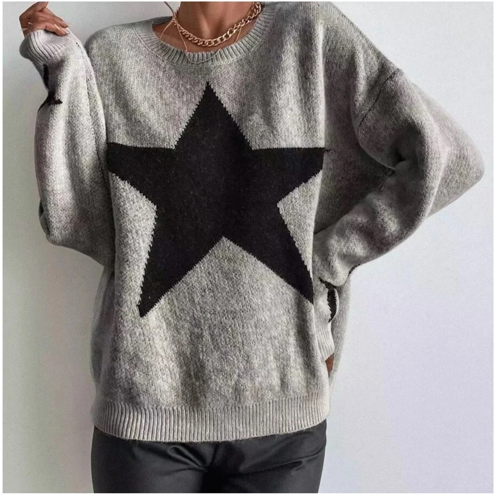 Cozy Star Print Knit Oversized Sweater Top - Picture 3 of 7